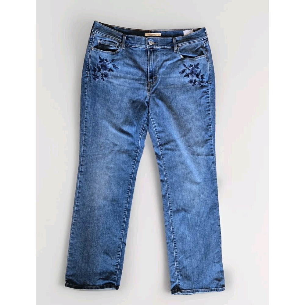 Levis 505 Jeans Womens 16 Blue Denim Regular Fit Straight Leg Floral Embroidered